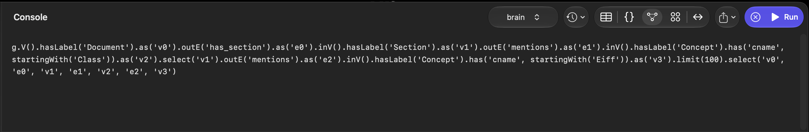 Console toolbar and Apache TinkerPop Gremlin query editor