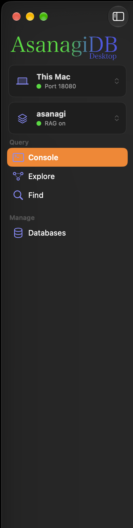 Desktop app sidebar showing servers, databases, and exploration tools