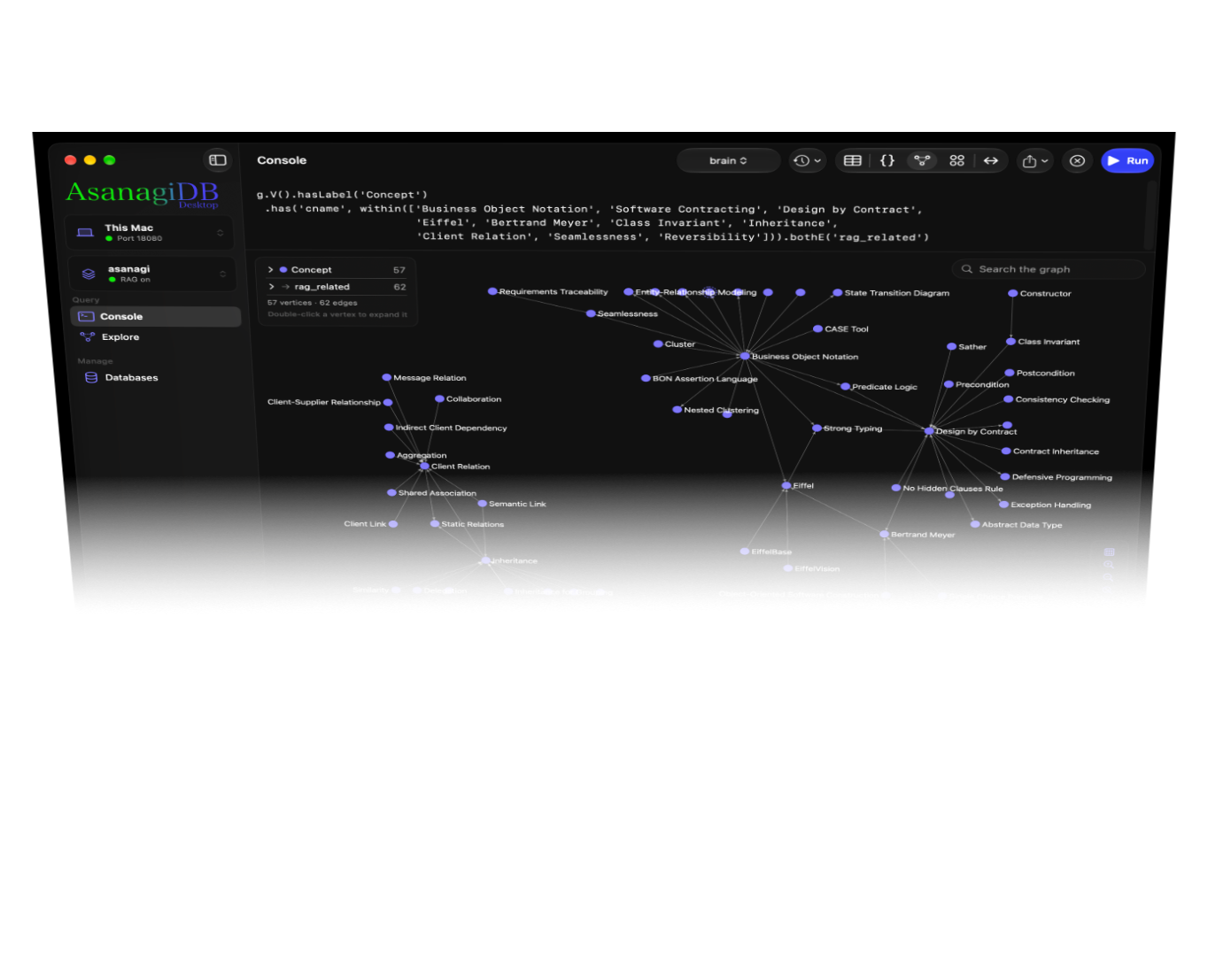AsanagiDB Desktop graph database application window looming in the sky