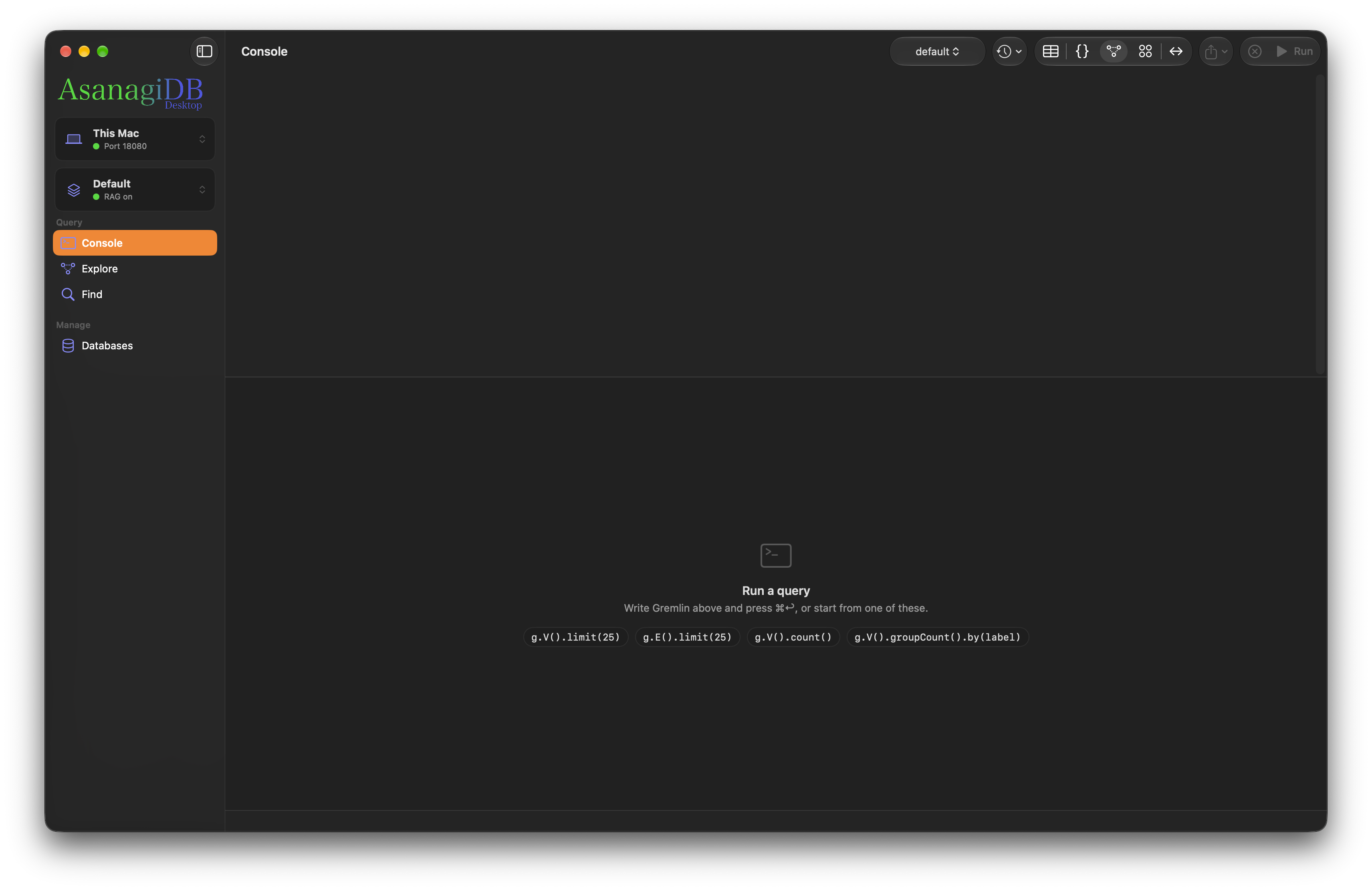 The main AsanagiDB Desktop window on first launch, ready to query the default database.