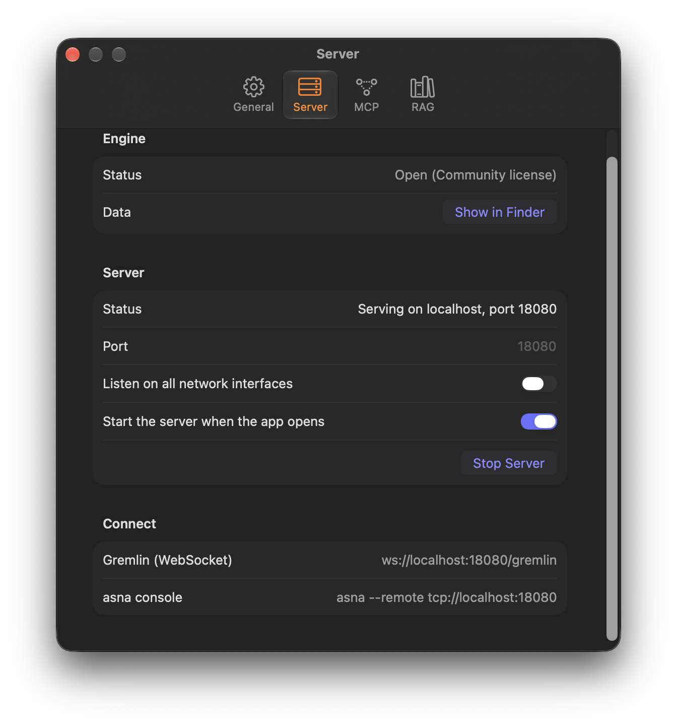 The built-in server lets external Gremlin drivers and the asna CLI connect to your local Mac databases.