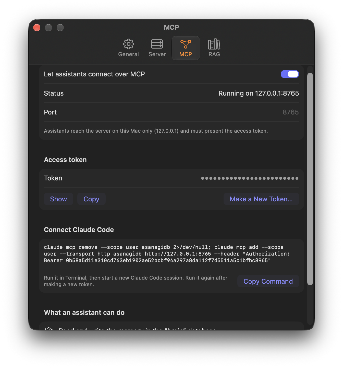 Connect Claude Code or other MCP clients in a single command using token authentication.