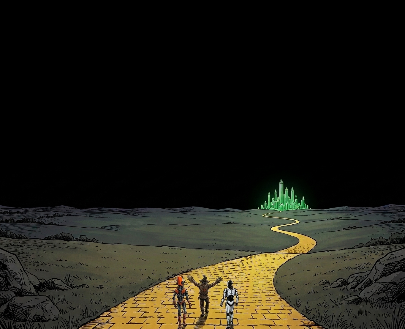 The Scarecrow, Jeff, and Sonny journeying along the Yellow Brick Road toward the Emerald City under a starry night sky